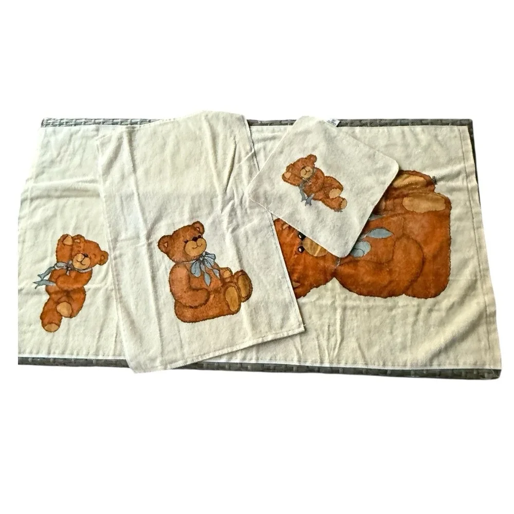 Vintage R.A Briggs Brown Teddy Bear Bath Towel Set‎ NOS